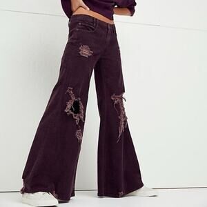 NEW Free People Night Fever Cord Flare Jeans Womens 31 Distressed High Rise